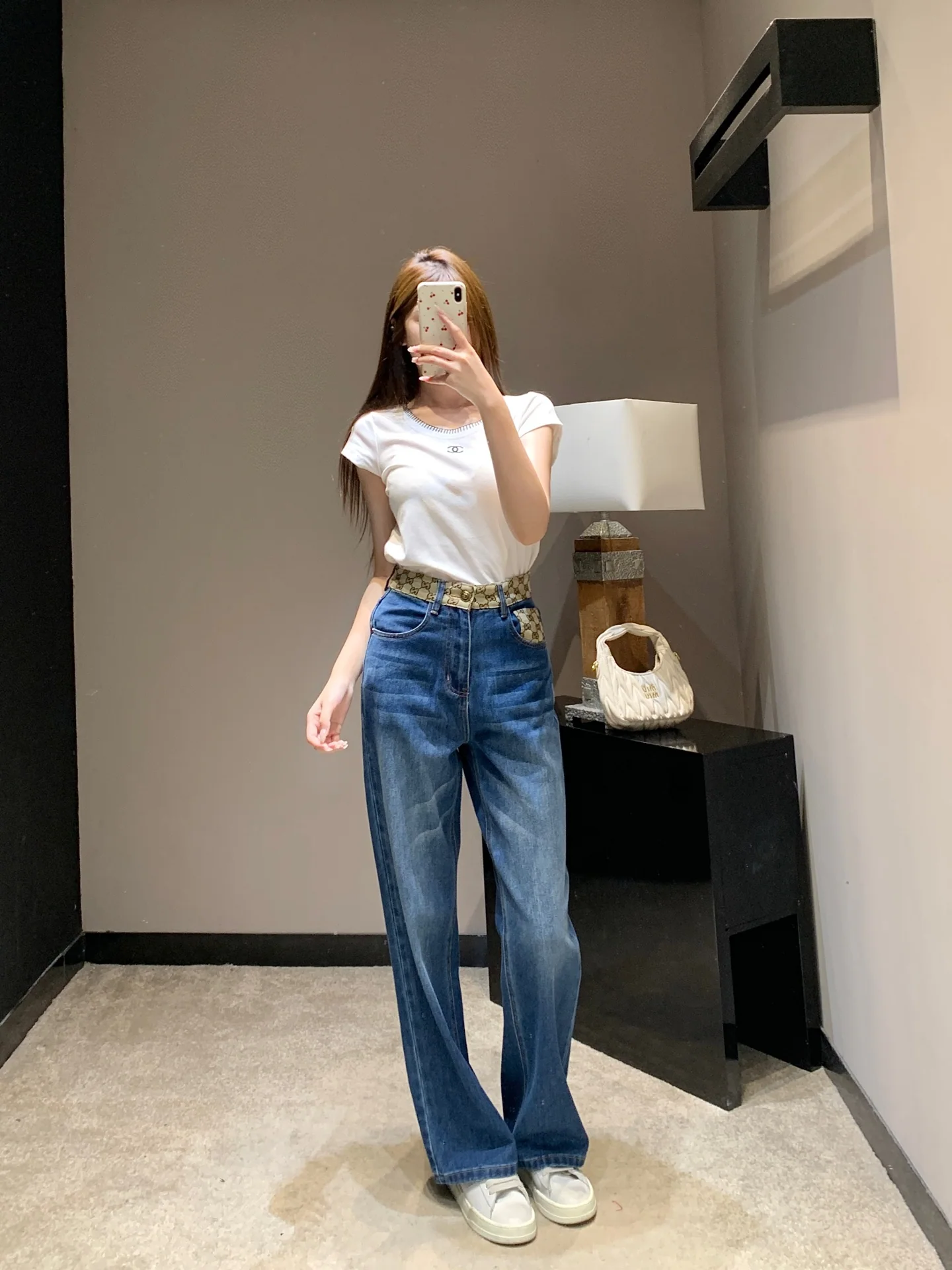 구찌 GG 모노그램 컬러블록 하이웨이스트 와이드 데님 바지 상세 이미지 9