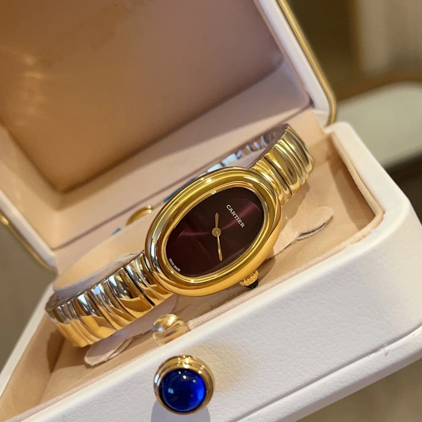 까르띠에 바뇨아르 쿼츠 무브먼트 사파이어 글라스 블루 스틸밴드 레플리카 42894 Cartier 상세 이미지 1