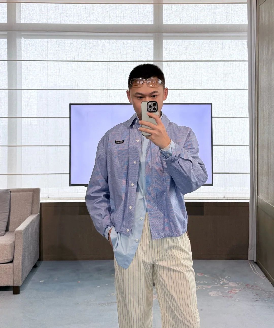 미우미우 블루 체크 코튼 셔츠 재킷 상세 이미지 7