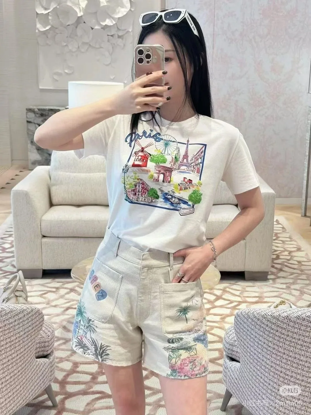 디올 프린트 데님 재킷 반바지 세트 상세 이미지 5