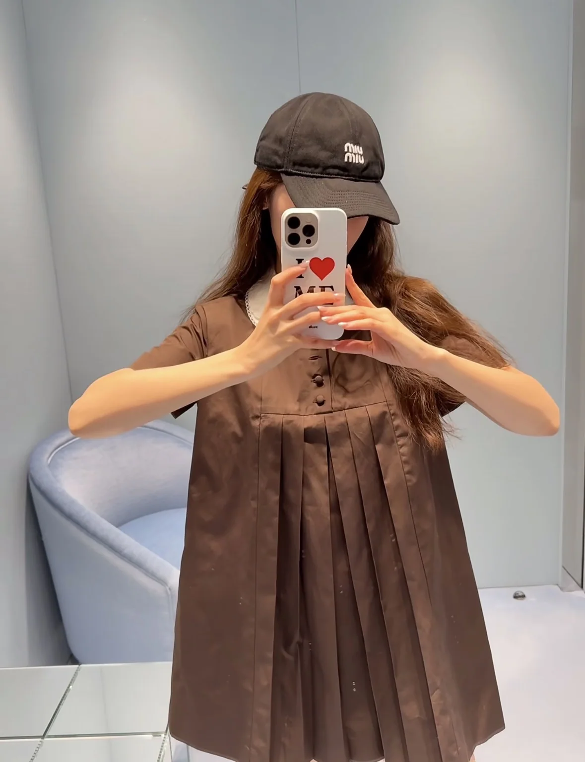 미우미우 브라운 피터팬카라 플리츠 원피스 상세 이미지 7