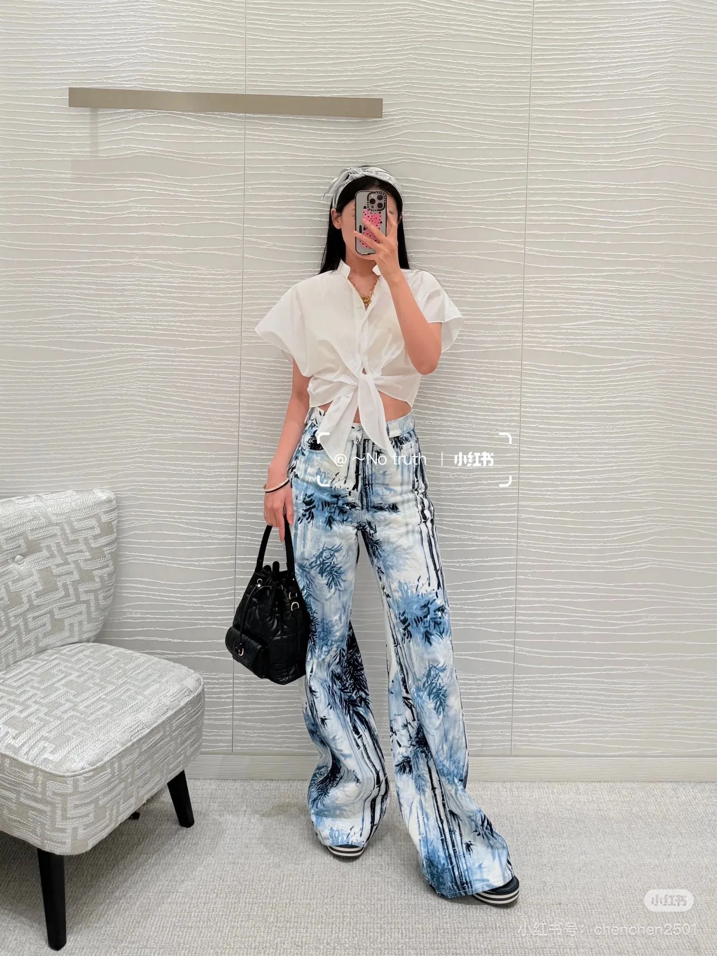 디올 여성 프린트 코튼 데님 바지 상세 이미지 4