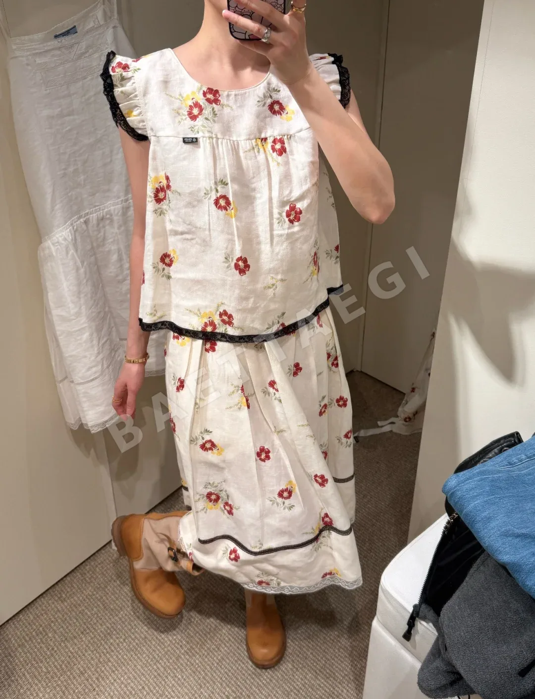 프라다 체크 레이스 트림 플라워 프린트 미디 원피스 상세 이미지 9