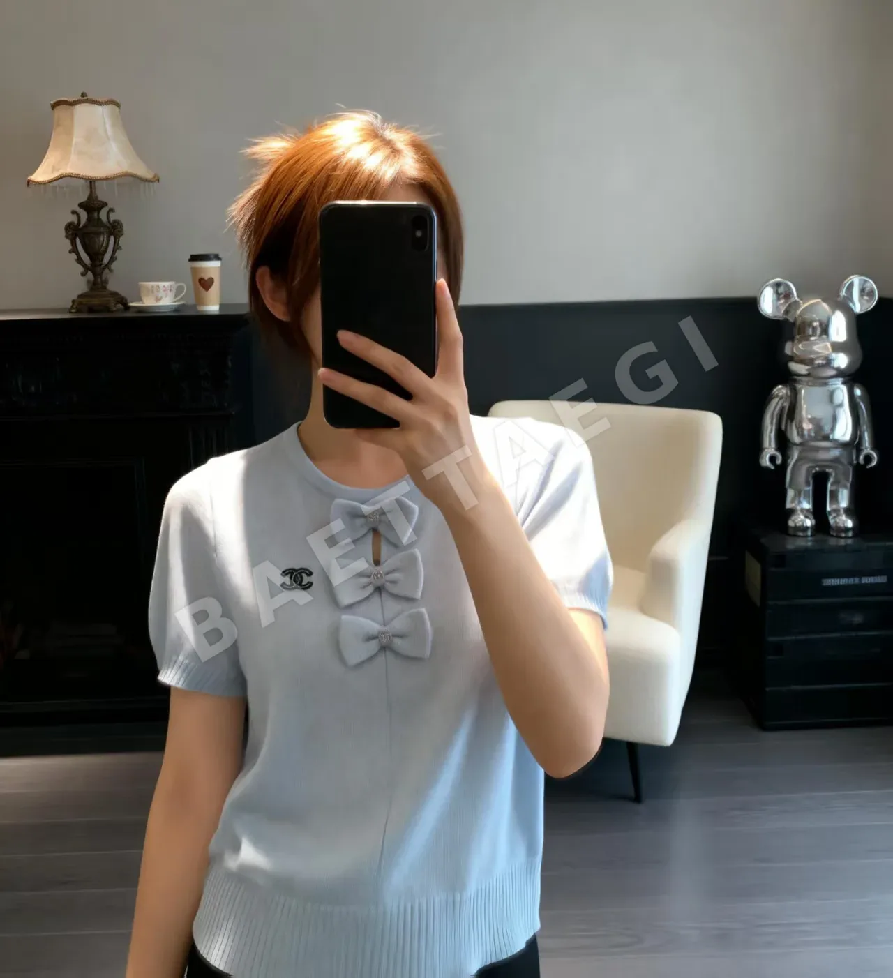 샤넬 3D 리본 크루넥 반팔 니트 티셔츠