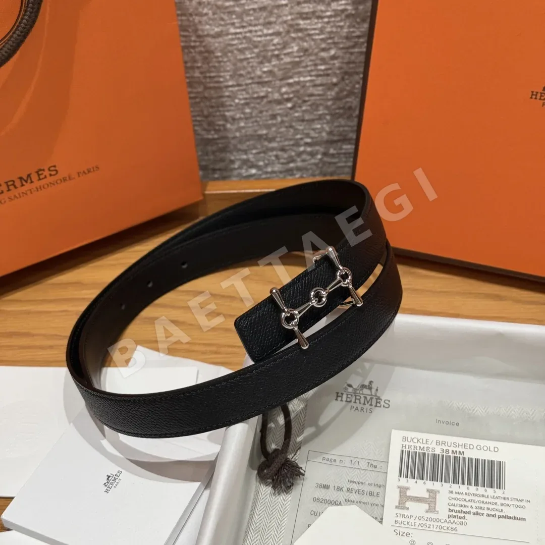 에르메스 파라듐 도금 H자형 버클 양면 가죽 벨트 상세 이미지 2