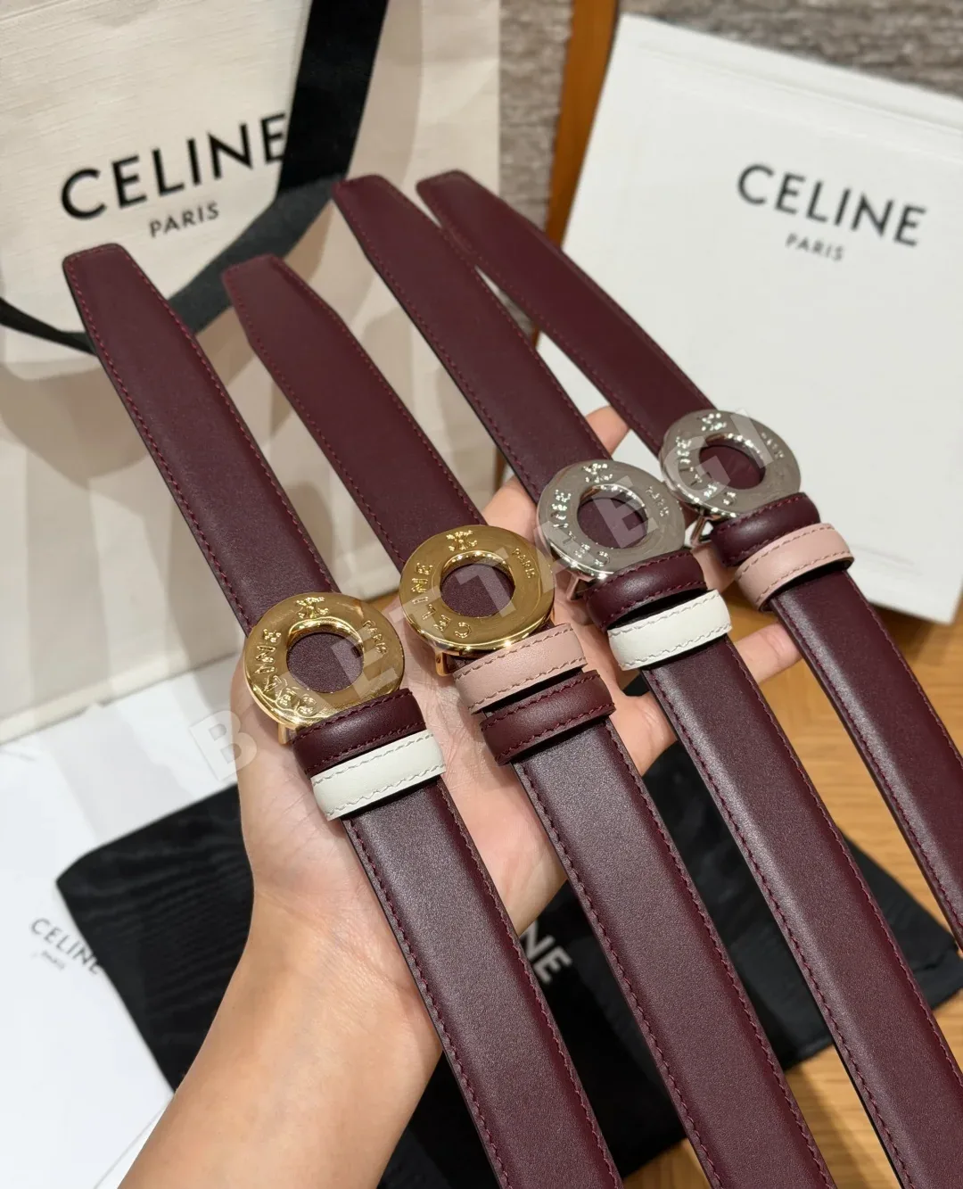 셀린느 차트 디스크 골드 버클 양면 가죽 벨트 25MM 상세 이미지 3