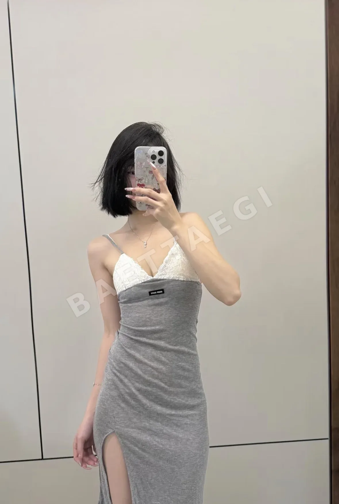 미우미우 그레이 패치워크 레이스 슬립 원피스 상세 이미지 2