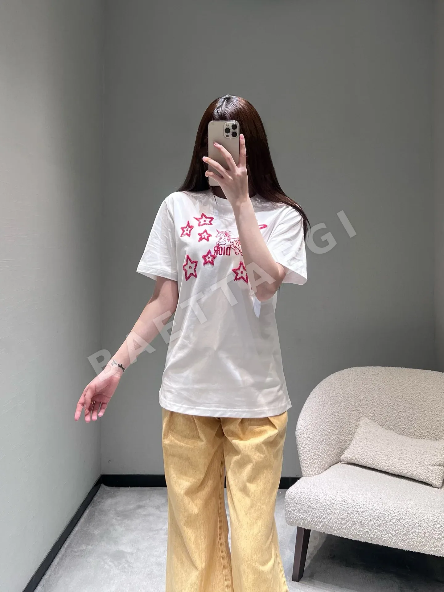 디올 별과 유니콘 자수 여성 반팔 티셔츠 상세 이미지 7