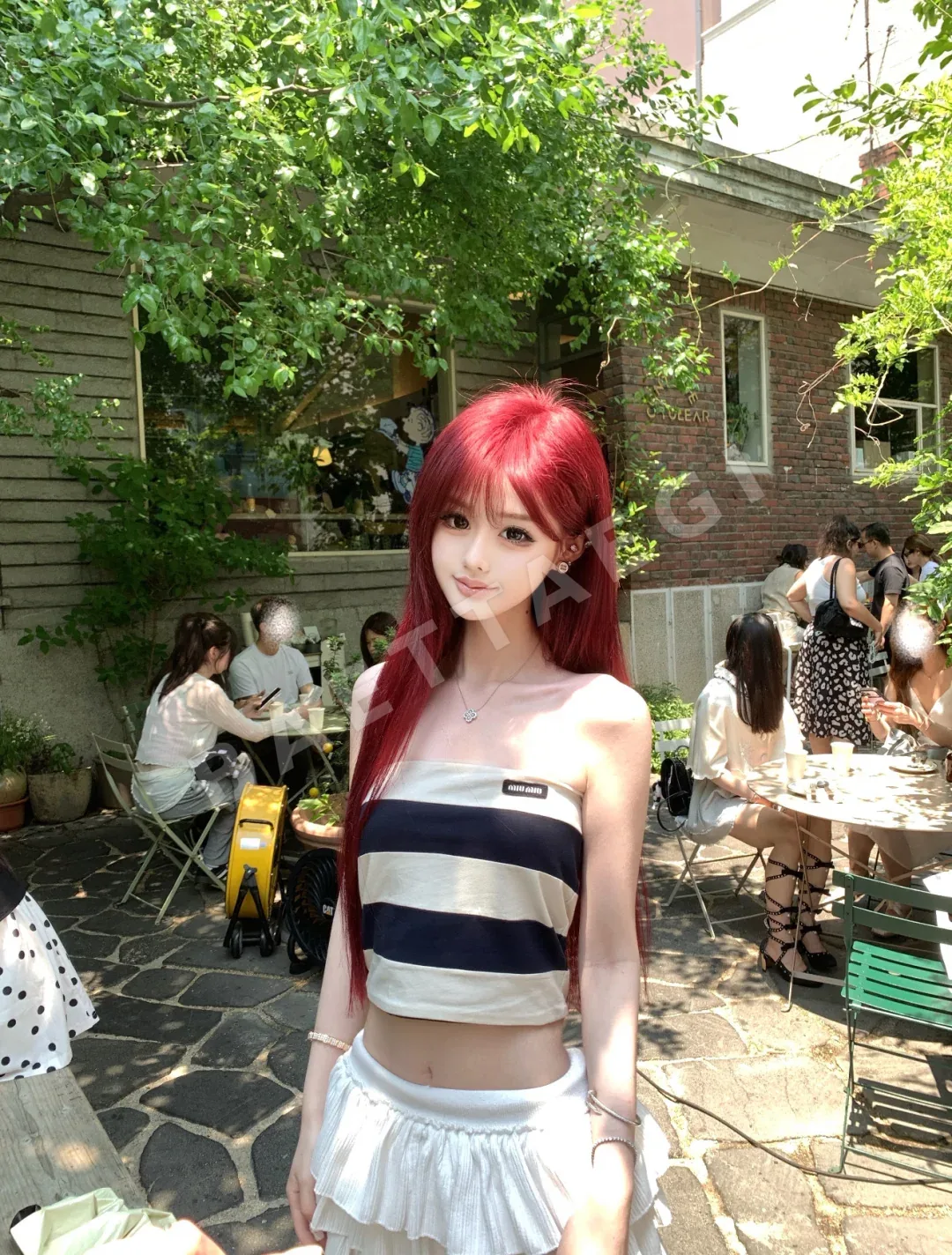 미우미우 스트라이프 로고 자수 반팔 탑 상세 이미지 5
