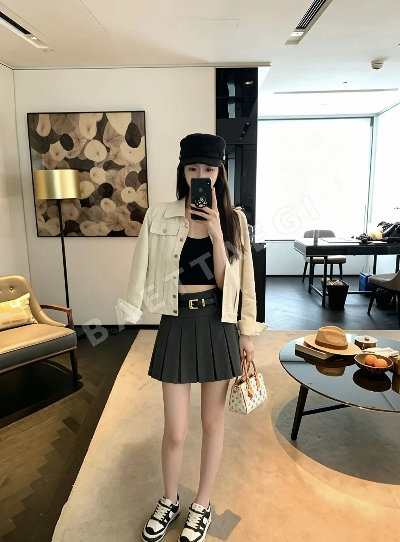 미우미우 문자 장식 벨트 플리츠 미디 스커트 154099
