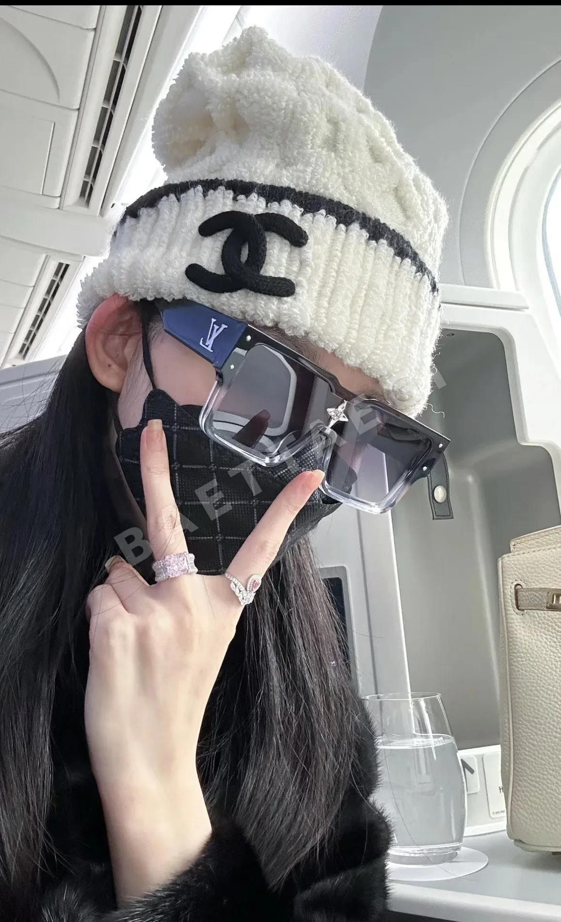 샤넬 더블 C 웨빙 장식 모피 비니 모자 82533