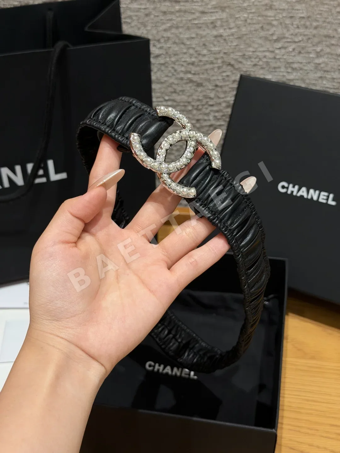 샤넬 플리츠 램스킨 진주 더블 C 벨트 상세 이미지 2