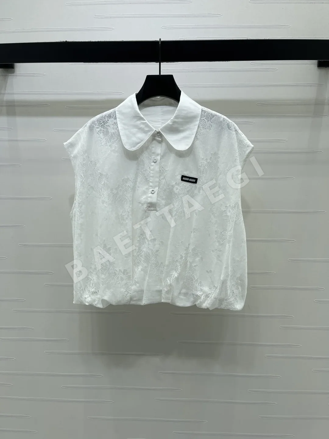 미우미우 피터팬 카라 노슬리브 셔링 반팔 셔츠 상세 이미지 2