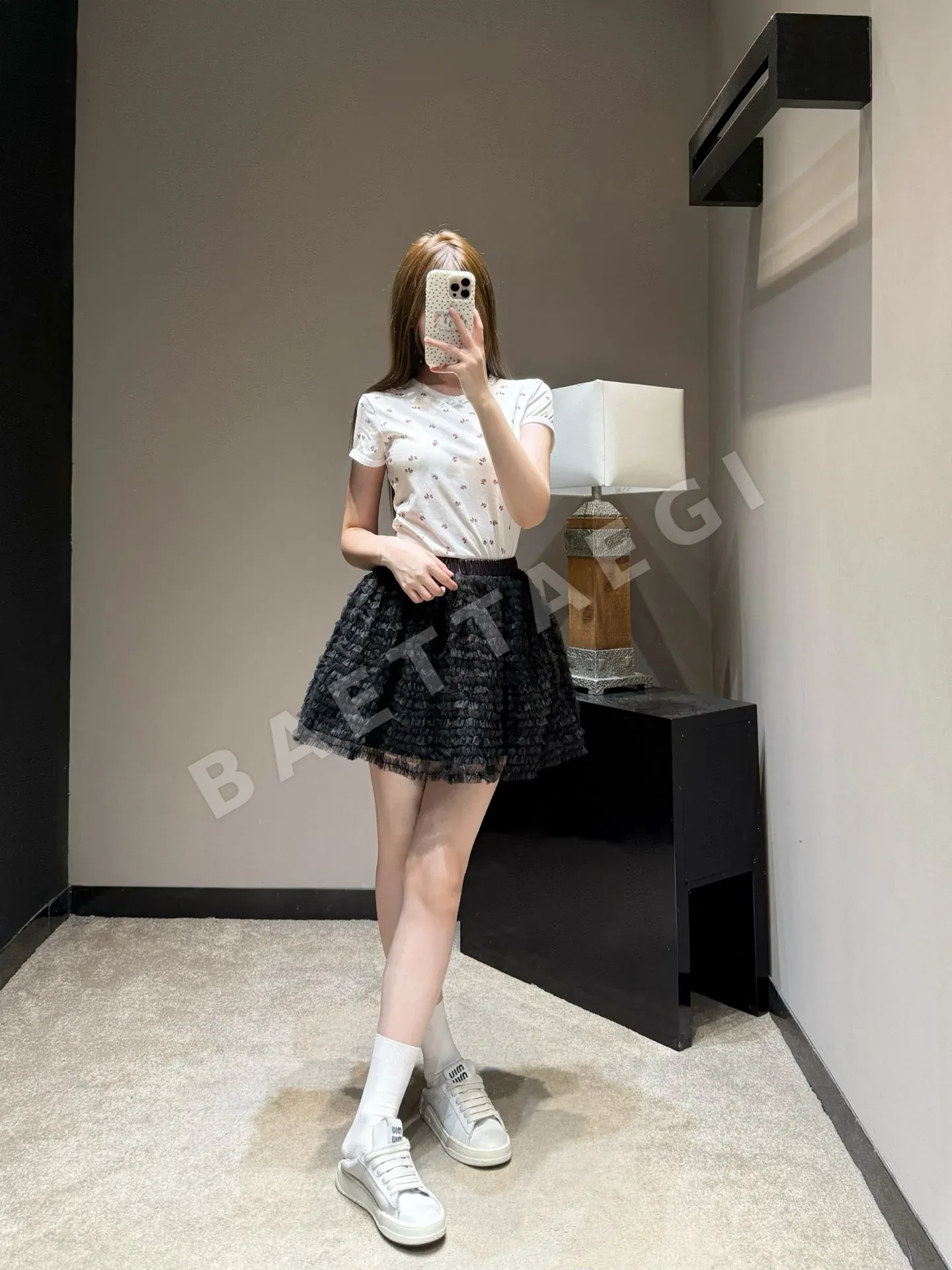 미우미우 블랙 레이어드 메시 A라인 스커트 상세 이미지 4