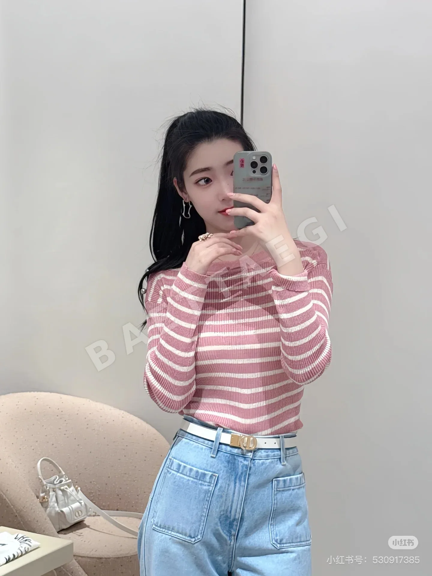 디올 린넨 혼방 스트라이프 V넥 니트 가디건 상세 이미지 2