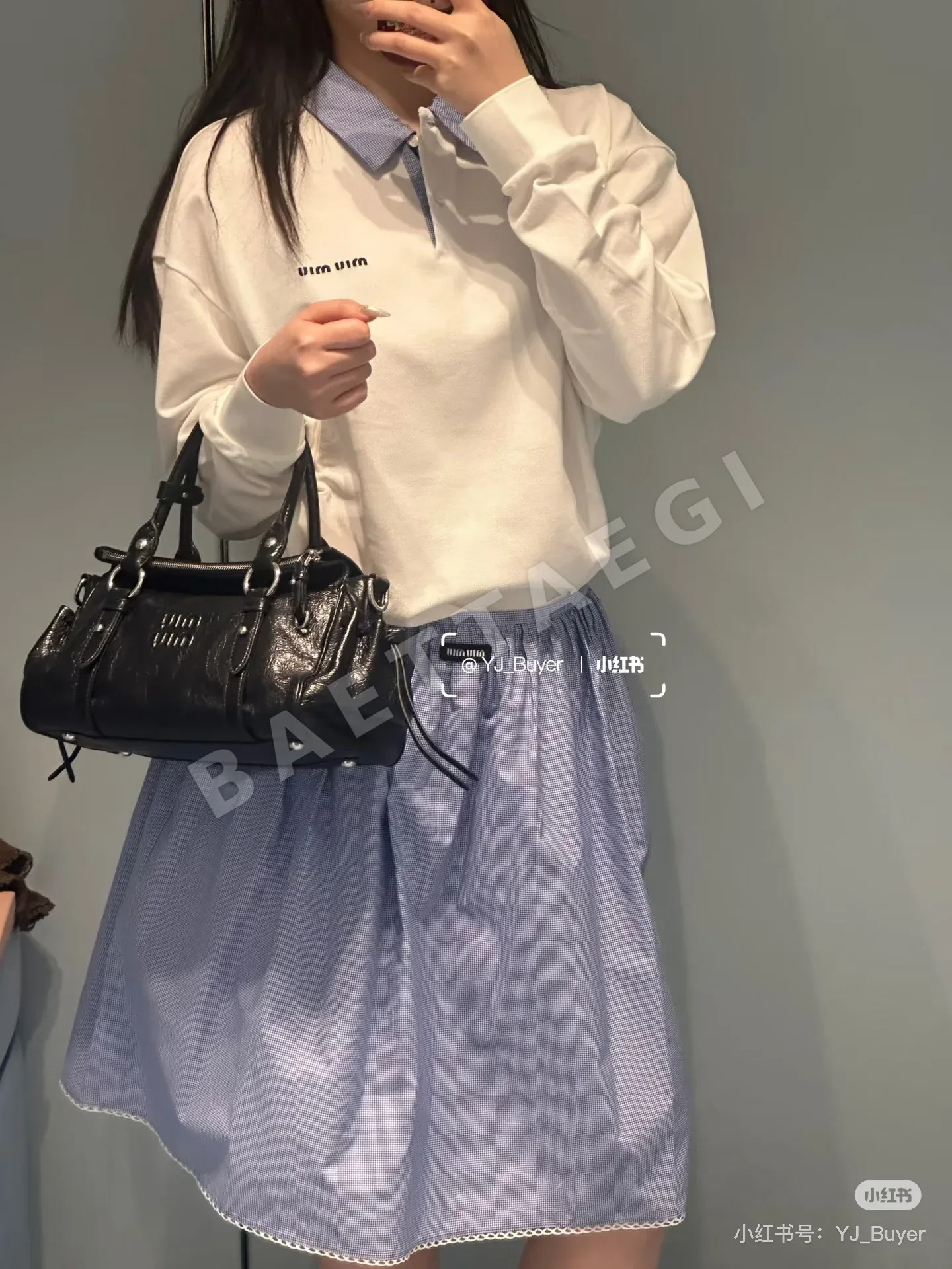 미우미우 체크 패턴 패치워크 긴팔 폴로셔츠 상세 이미지 1