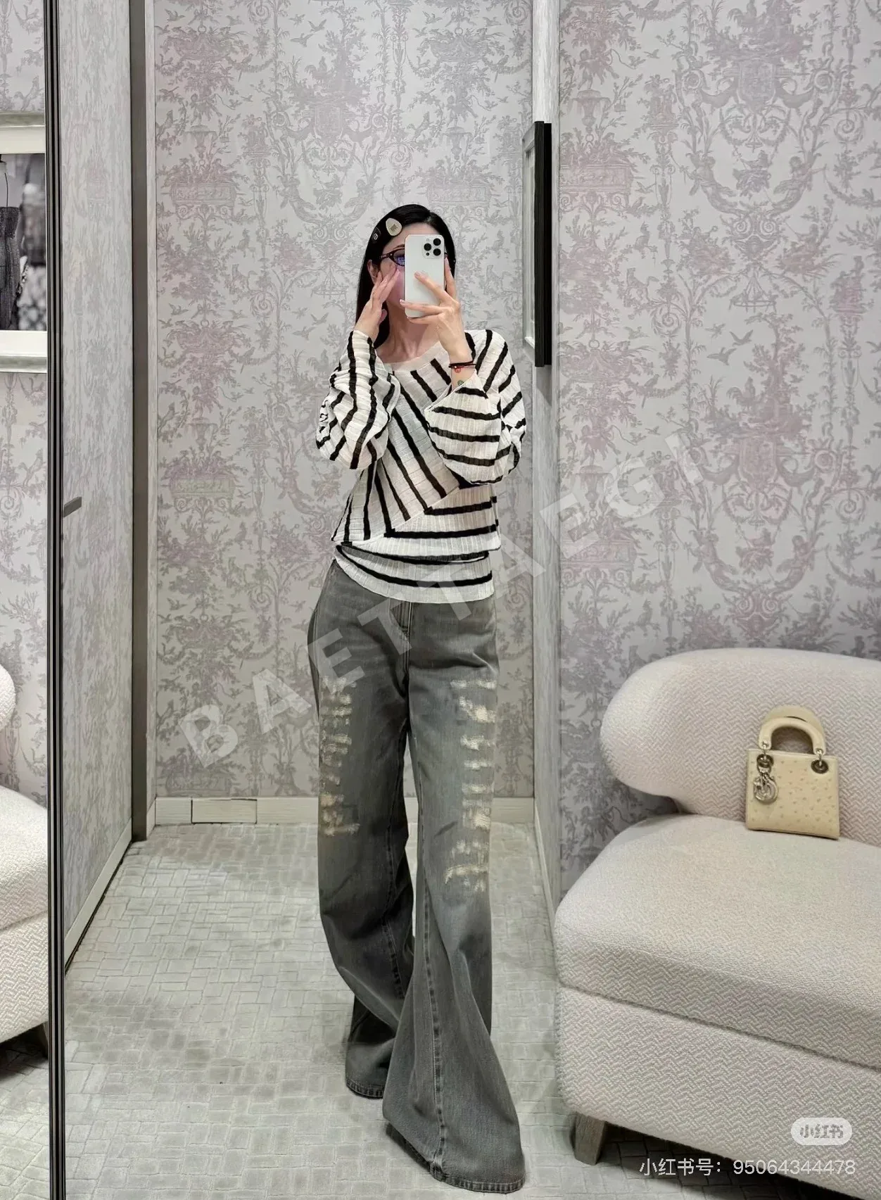 디올 데미지 와이드 레그 면 데님 바지 상세 이미지 3