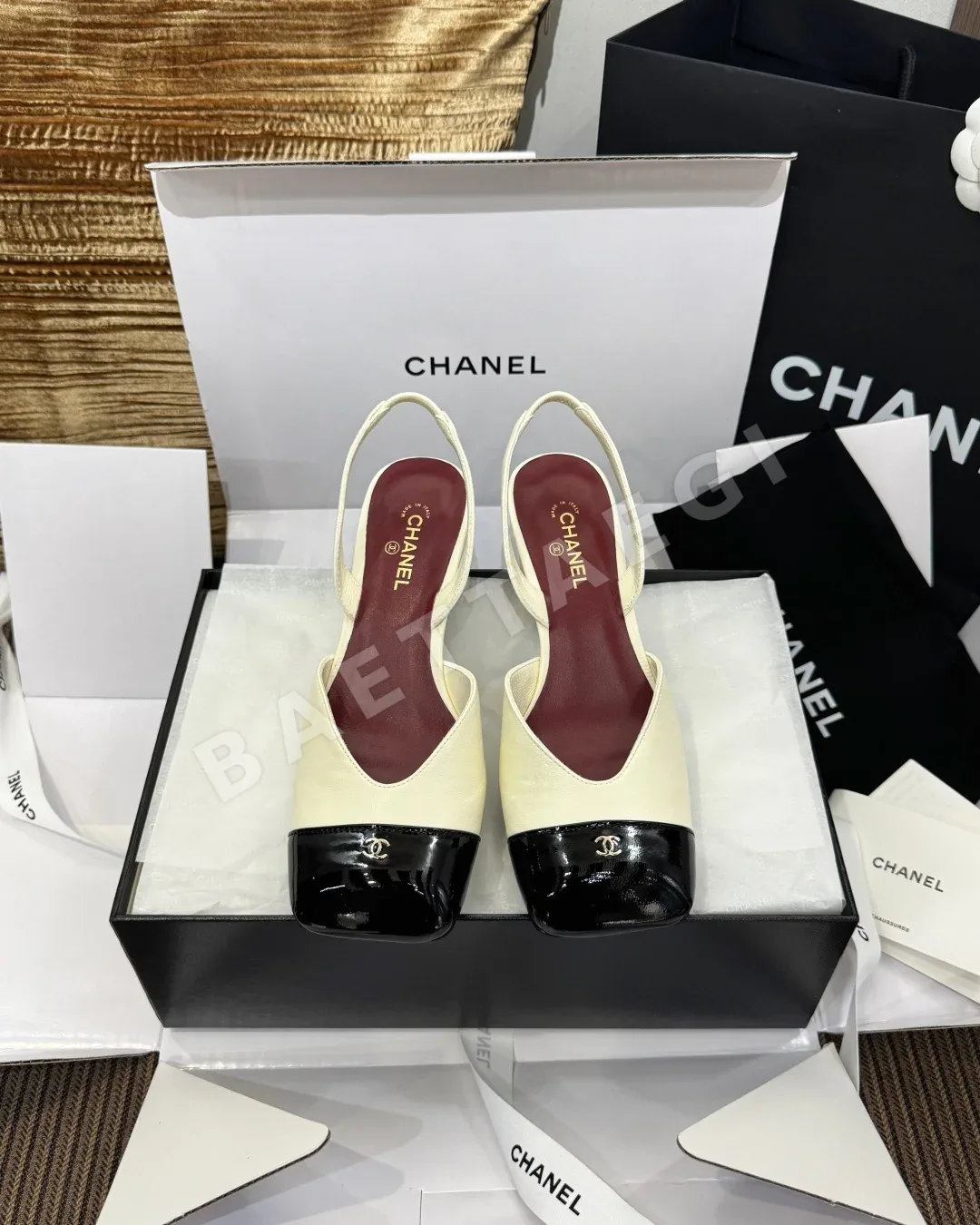 샤넬 스퀘어토 컬러블록 청키힐 샌들 80116