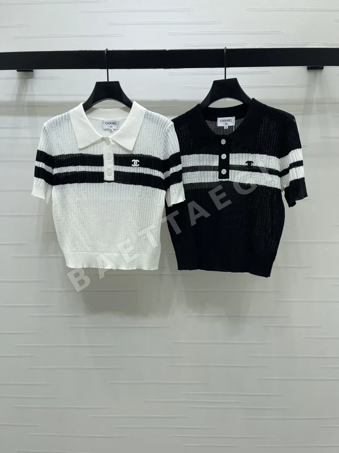 샤넬 스트라이프 카라 울 니트 반팔 탑 103762