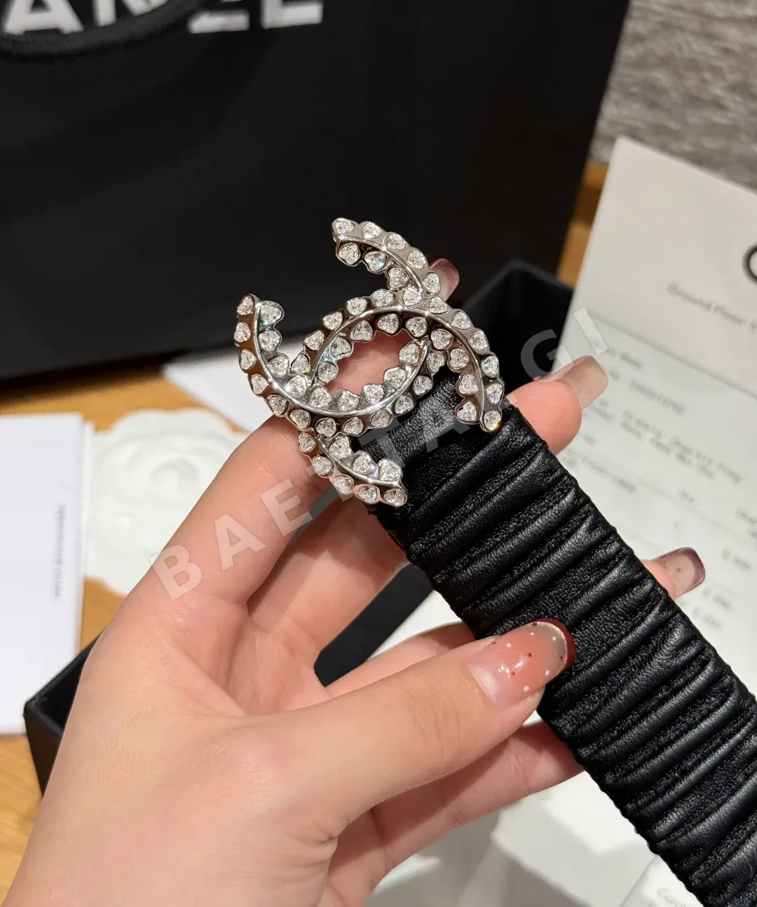 샤넬 더블 C 크리스탈 장식 고무 벨트 상세 이미지 7