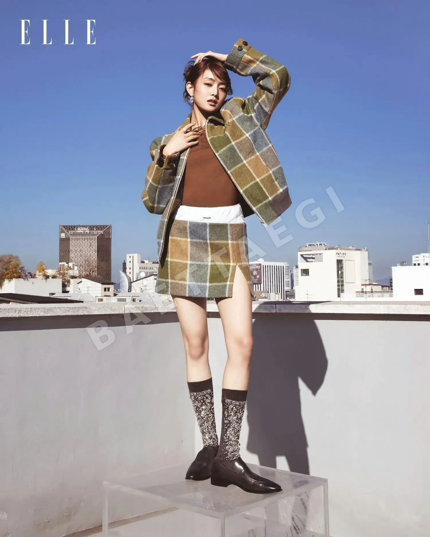 미우미우 컬러 블록 체크 미니스커트 50323