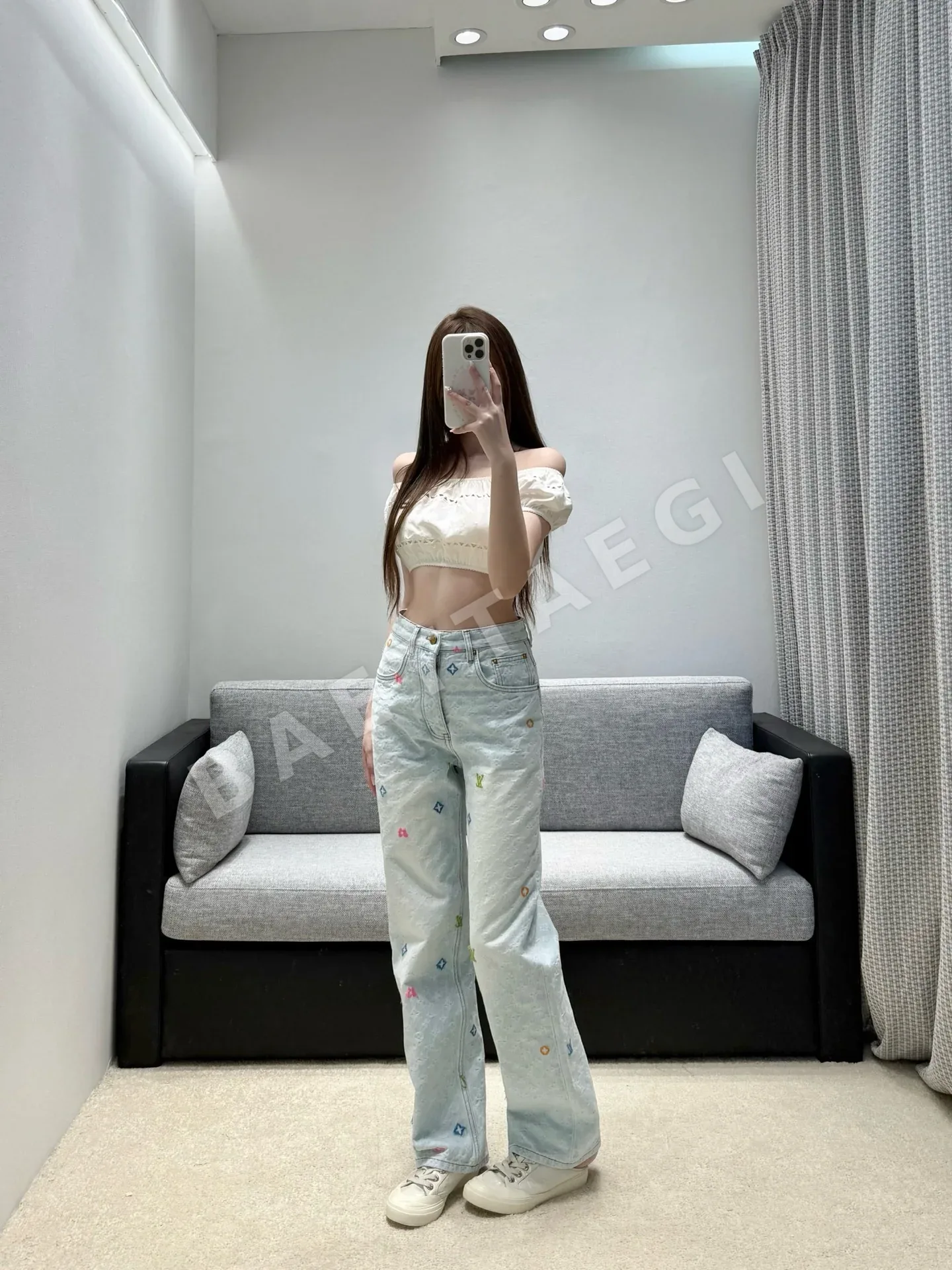 루이비통 라이트 블루 자카드 하이웨스트 플레어 여성 바지 상세 이미지 6