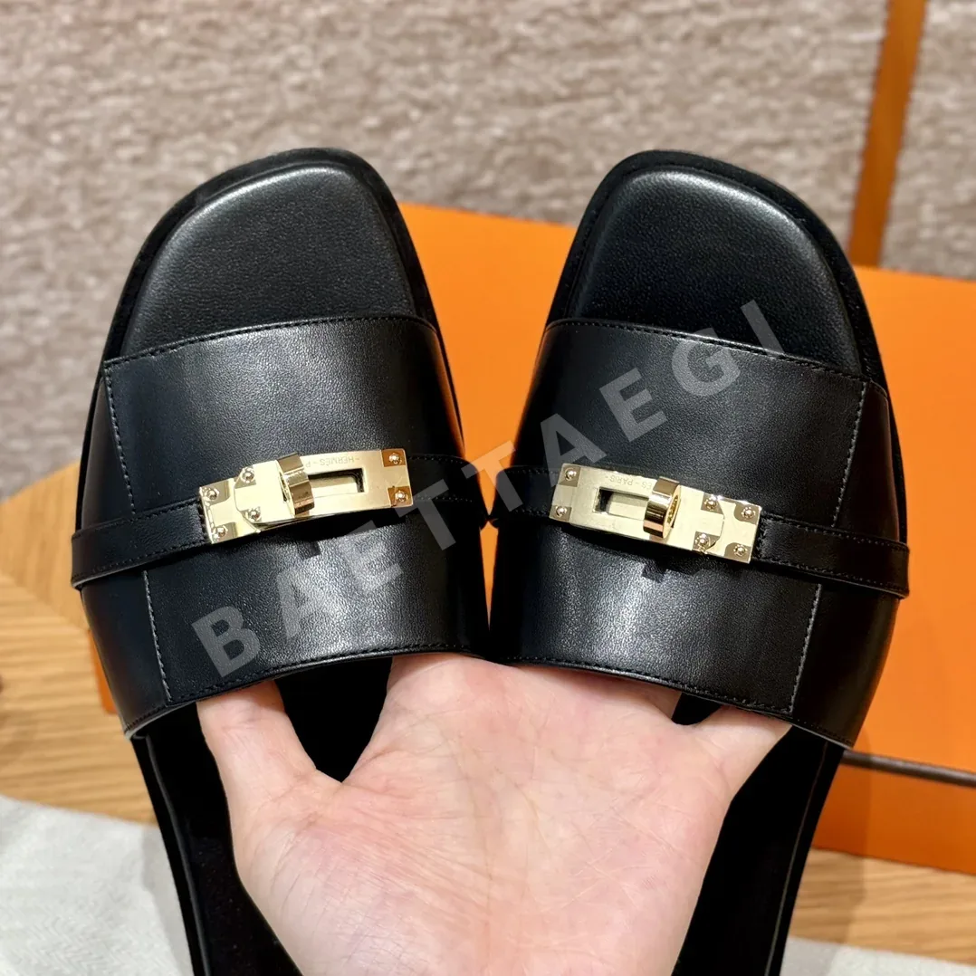 에르메스 오란 샌들 블랙 카프스킨 골드 하드웨어 상세 이미지 8