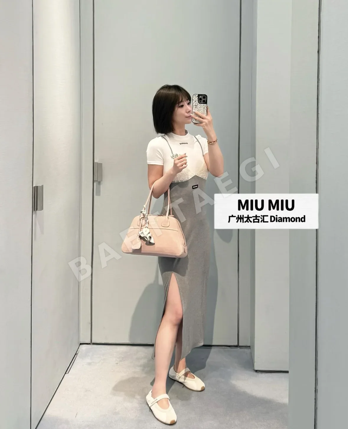 미우미우 그레이 패치워크 레이스 슬립 원피스 상세 이미지 4