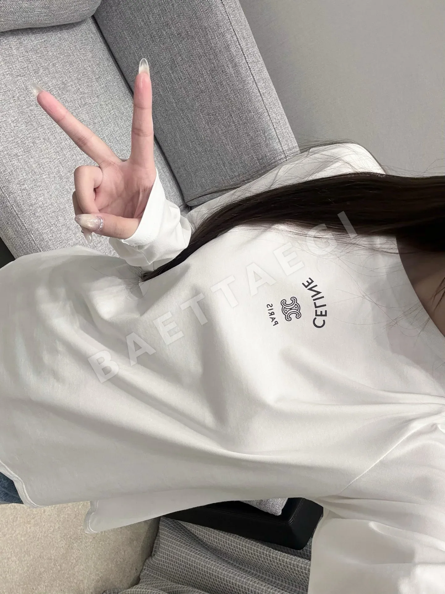 셀린느 블랙 화이트 크루넥 긴팔 티셔츠 상세 이미지 5