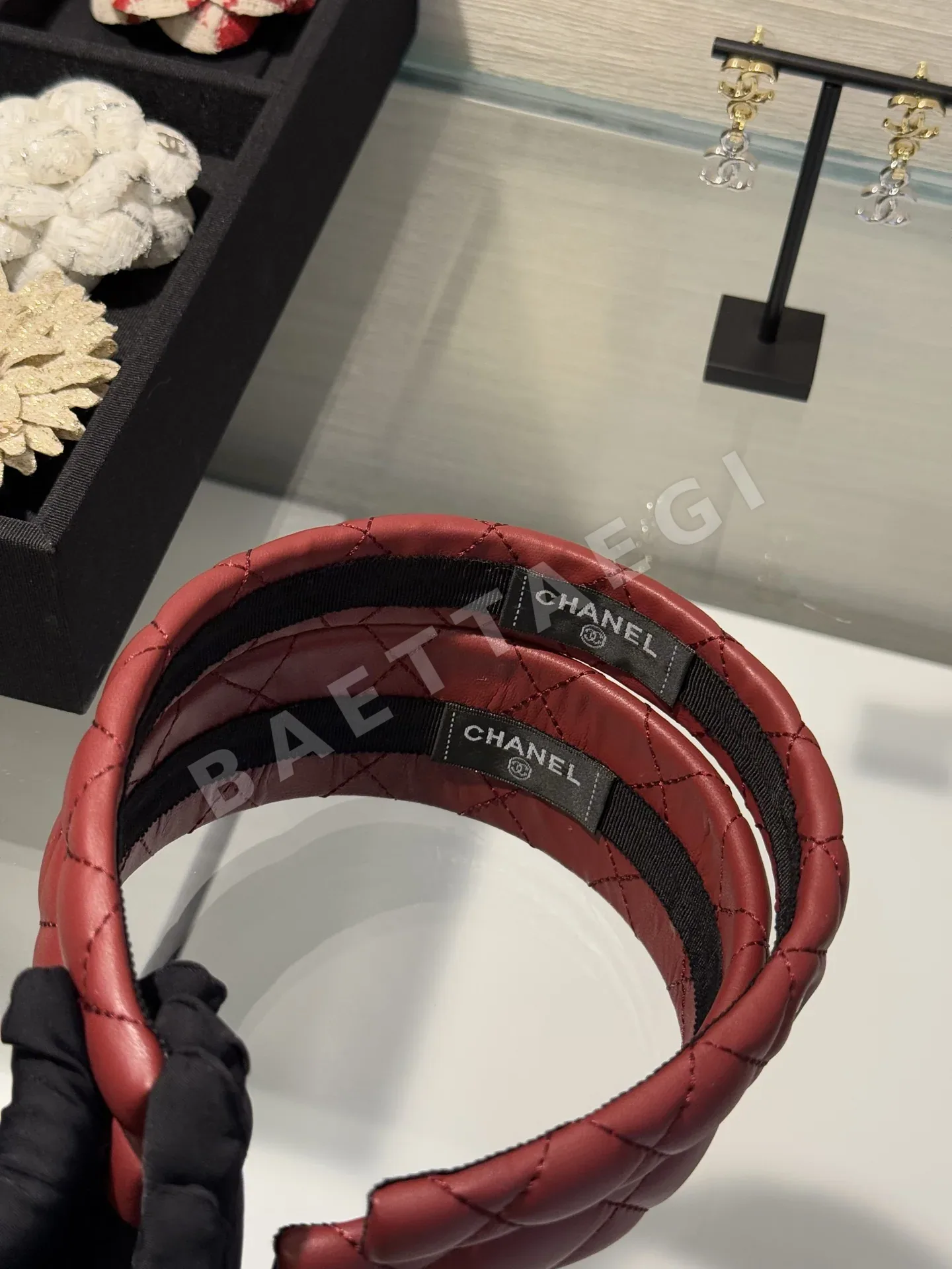 샤넬 와인레드 램스킨 더블 C 헤드밴드 헤어악세 상세 이미지 6