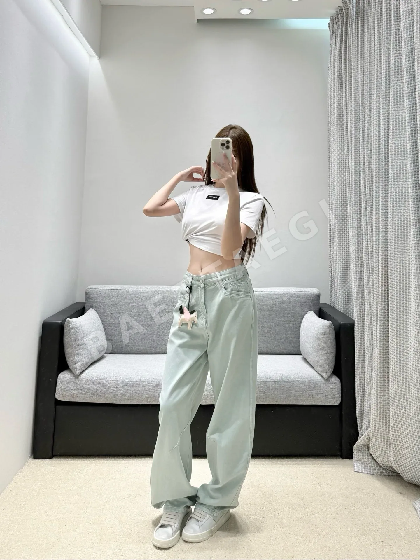 에르메스 민트 그린 하이웨이스트 와이드 레그 여성 바지 상세 이미지 2