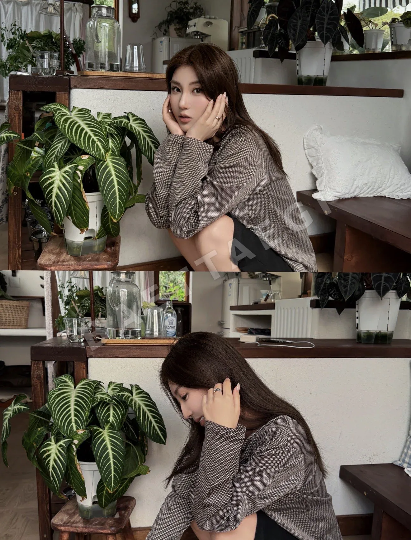미우미우 V넥 체크 패턴 니트 긴팔 탑 상세 이미지 5