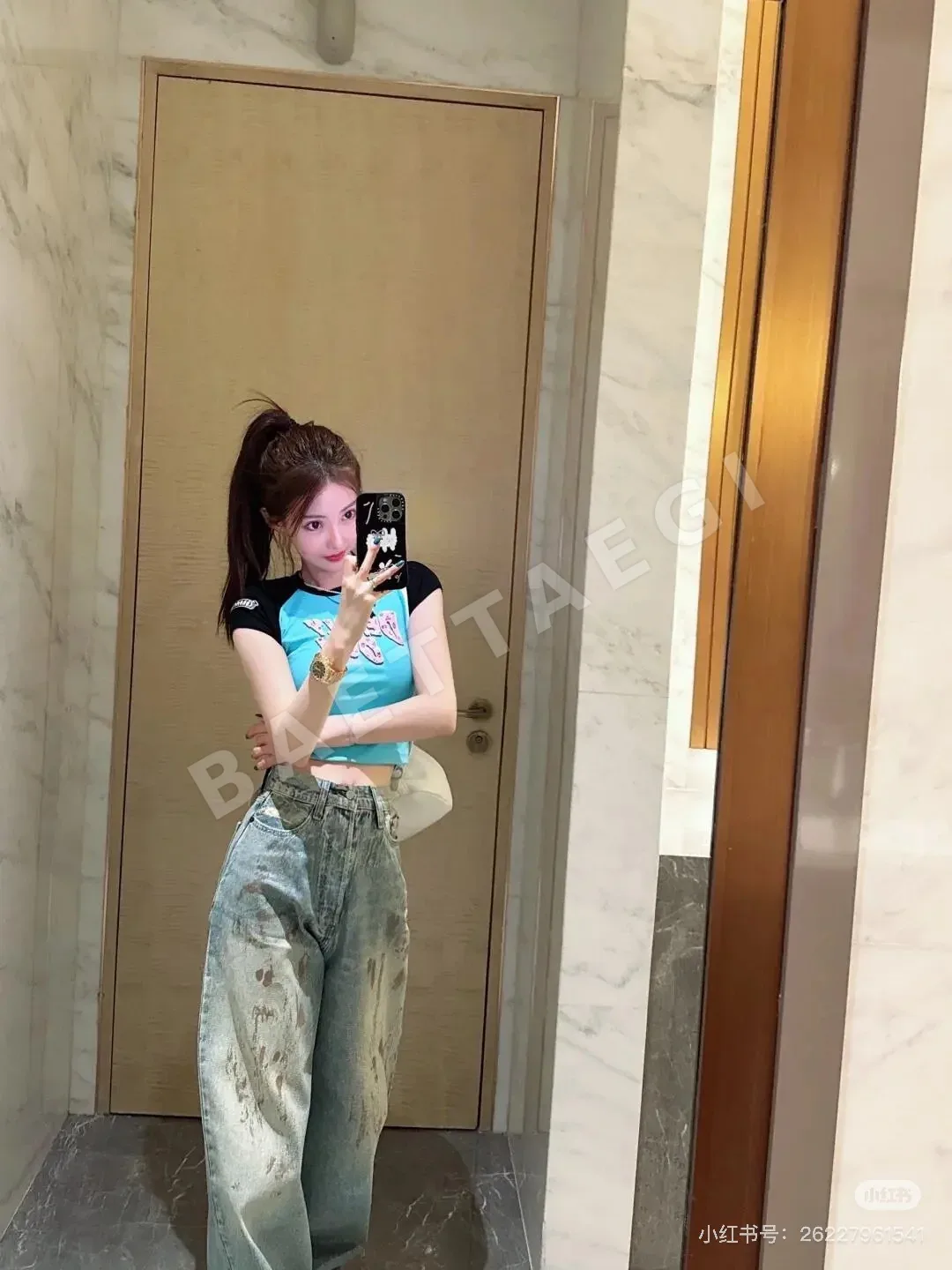크롬하츠 여성 블루 컬러블록 반팔 티셔츠 상세 이미지 10