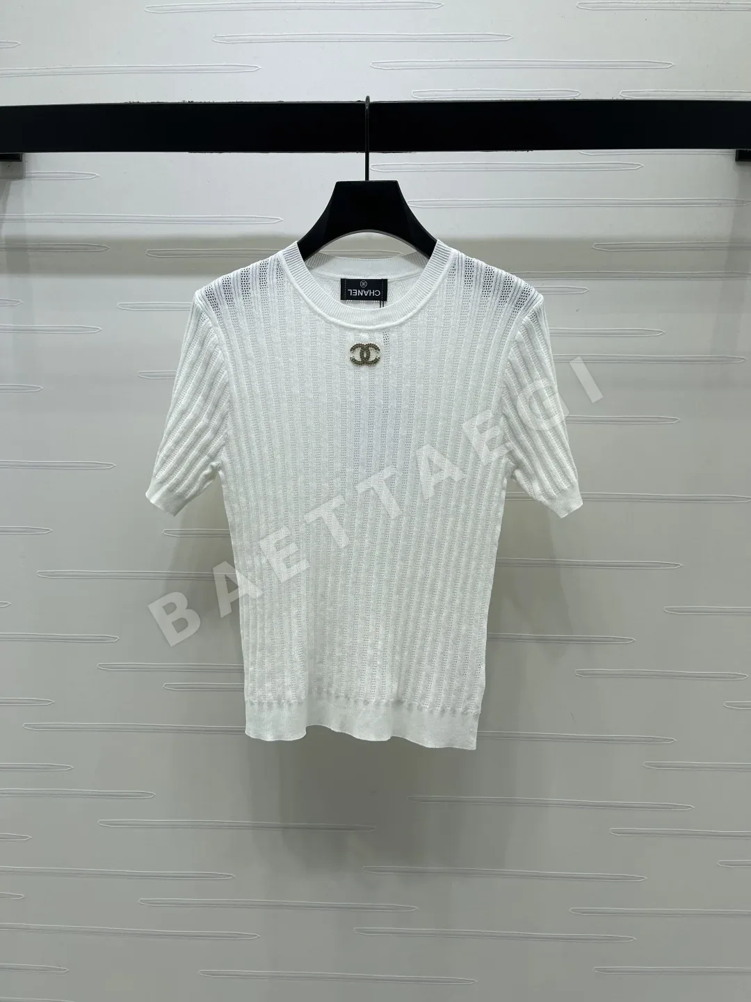 샤넬 세로 골지 크루넥 반팔 니트 탑 상세 이미지 2