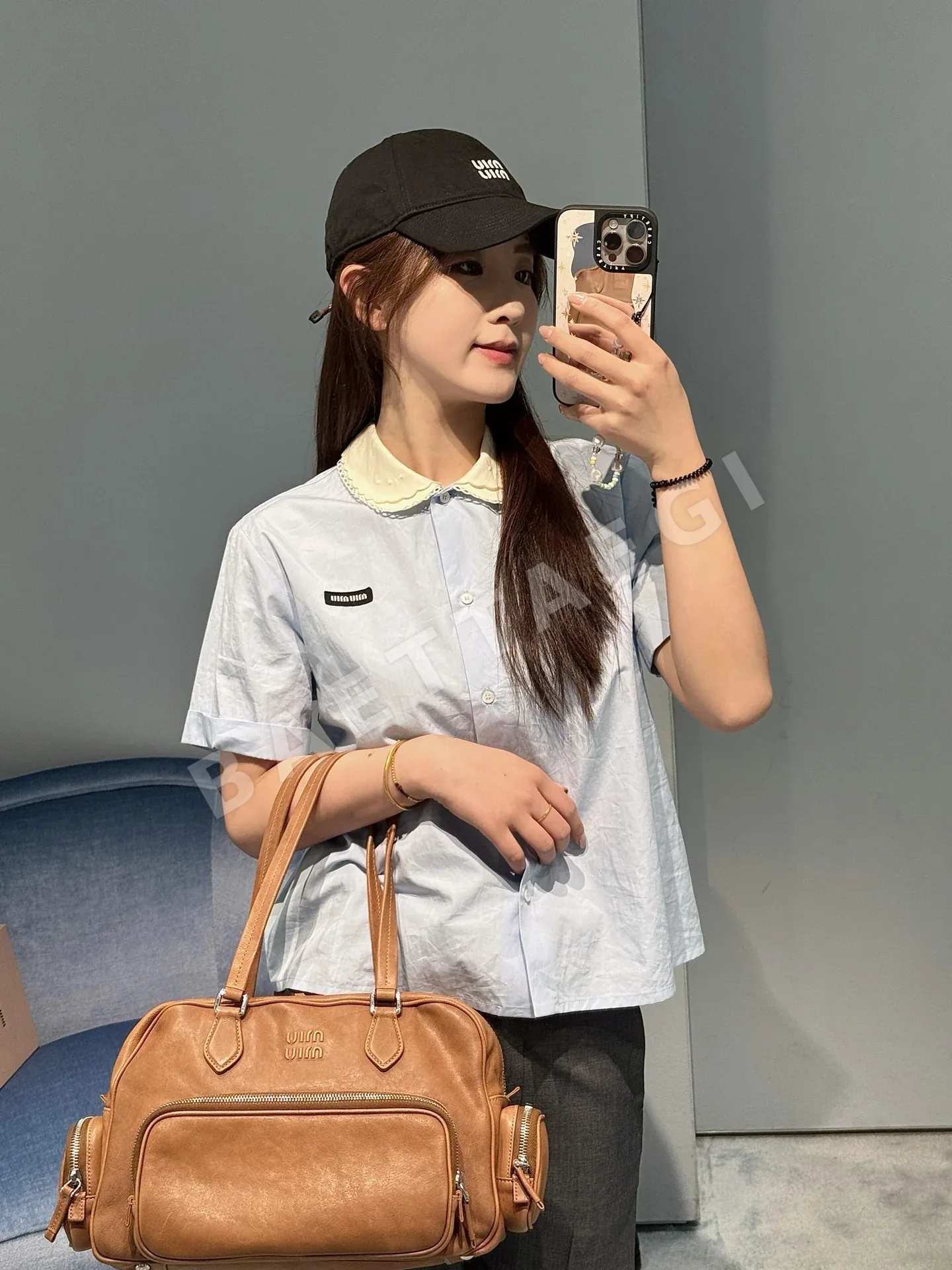 미우미우 피터팬 카라 레이스 배색 반팔 셔츠 상세 이미지 4