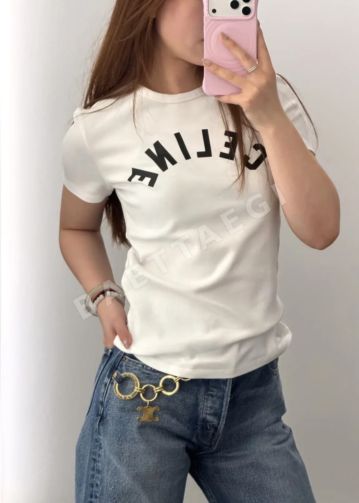셀린느 화이트 슬림핏 반팔 티셔츠 상세 이미지 7