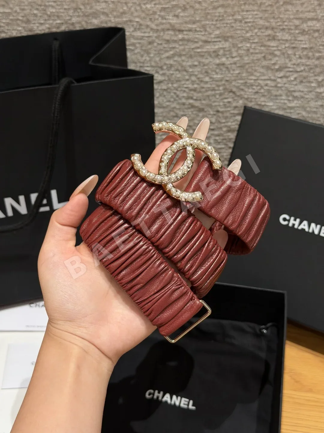 샤넬 램스킨 진주 더블 C 허리벨트 174310