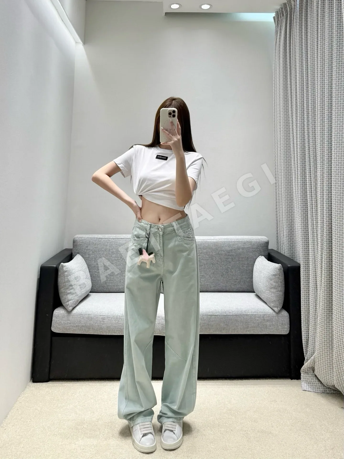 에르메스 민트 그린 하이웨이스트 와이드 레그 여성 바지 상세 이미지 9