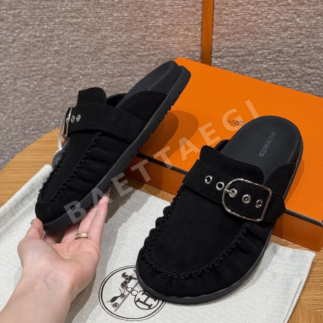 에르메스 키 뮬 샌들 검정 가죽 실버 하드웨어 상세 이미지 3