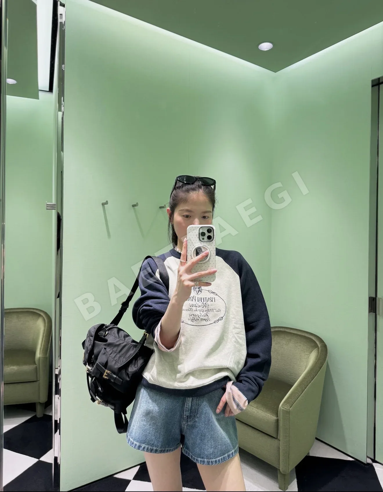 프라다 컬러 블록 코튼 크루넥 긴팔 티셔츠 상세 이미지 5