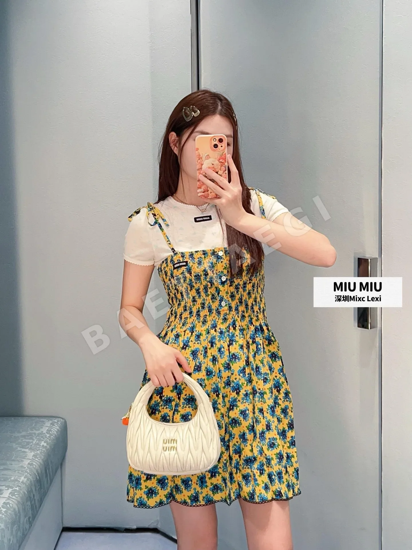 미우미우 블루 옐로우 플라워 실크 A라인 원피스 상세 이미지 8