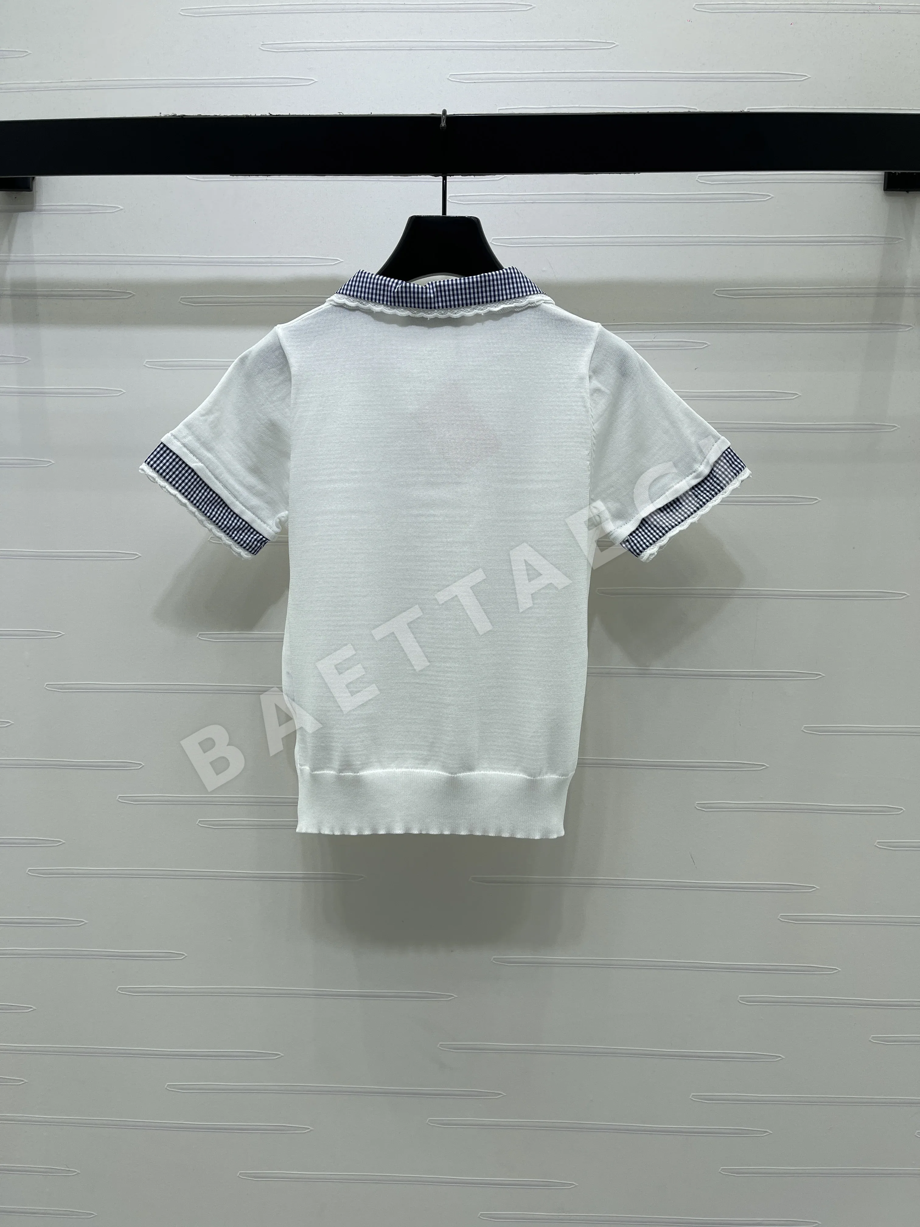 미우미우 피터팬카라 패치워크 니트 반팔 탑 상세 이미지 17