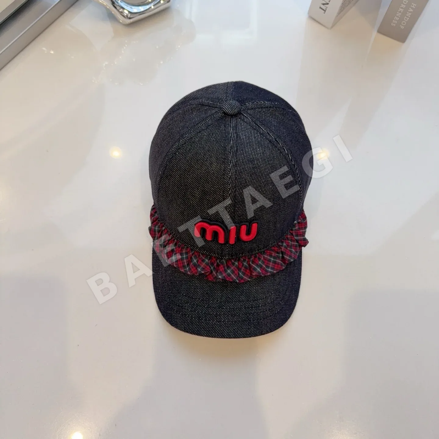 미우미우 체크 레이스 패치워크 베이스볼캡 80899