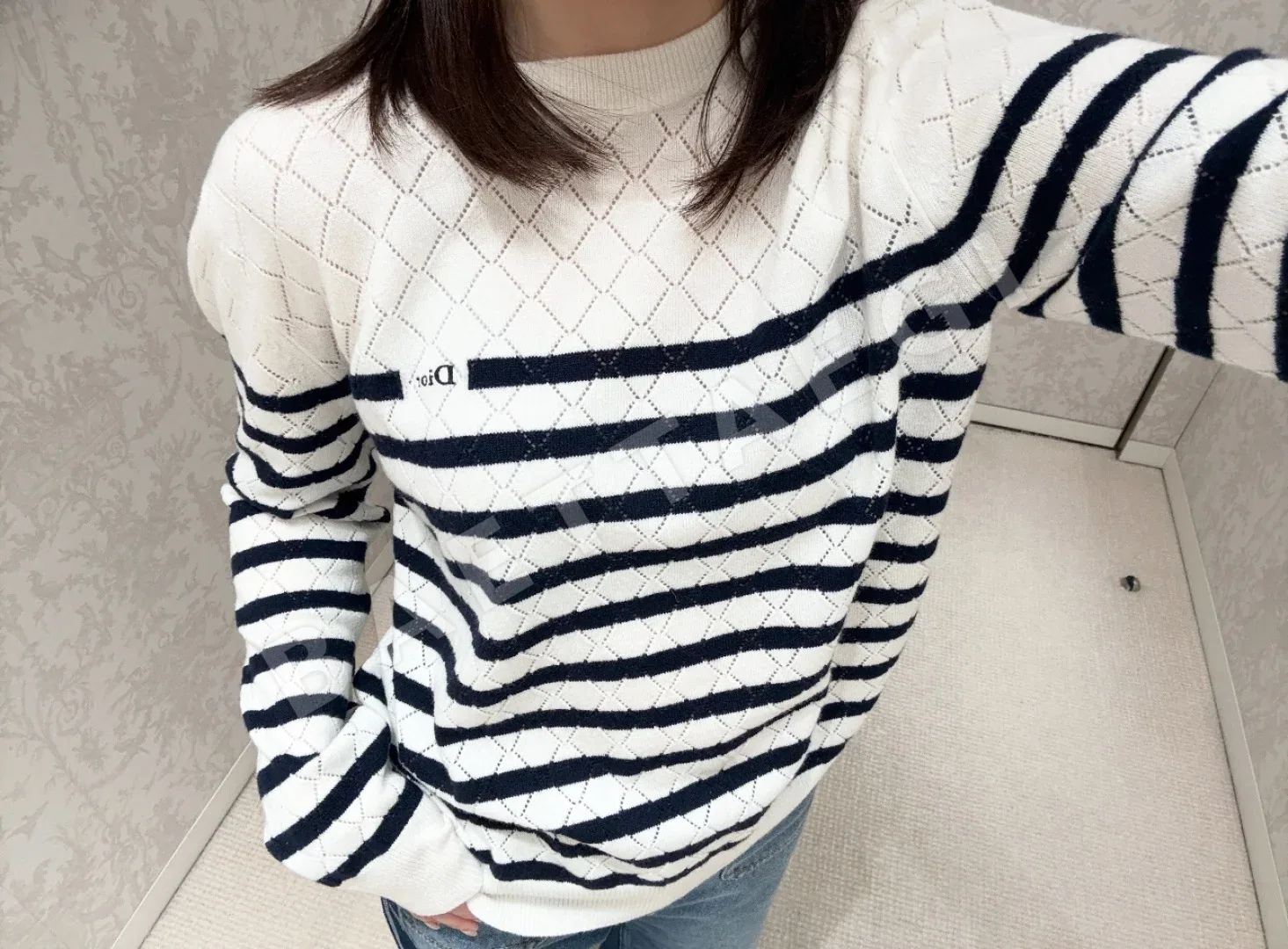 디올 네이비 블루 스트라이프 캐시미어 니트 탑 상세 이미지 5