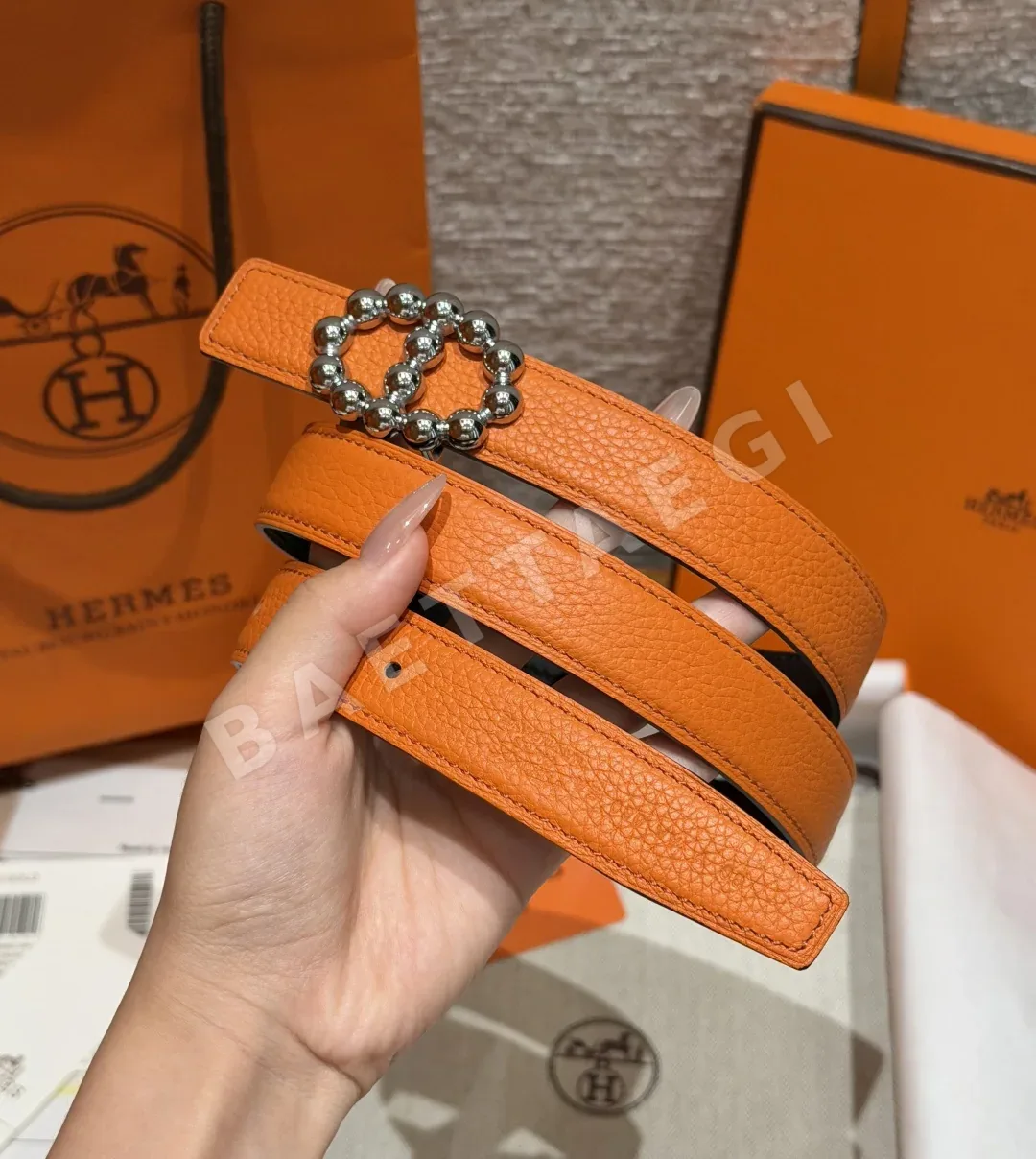 에르메스 H브랜드 진주 비즈 양면 가죽 벨트 24mm 상세 이미지 2