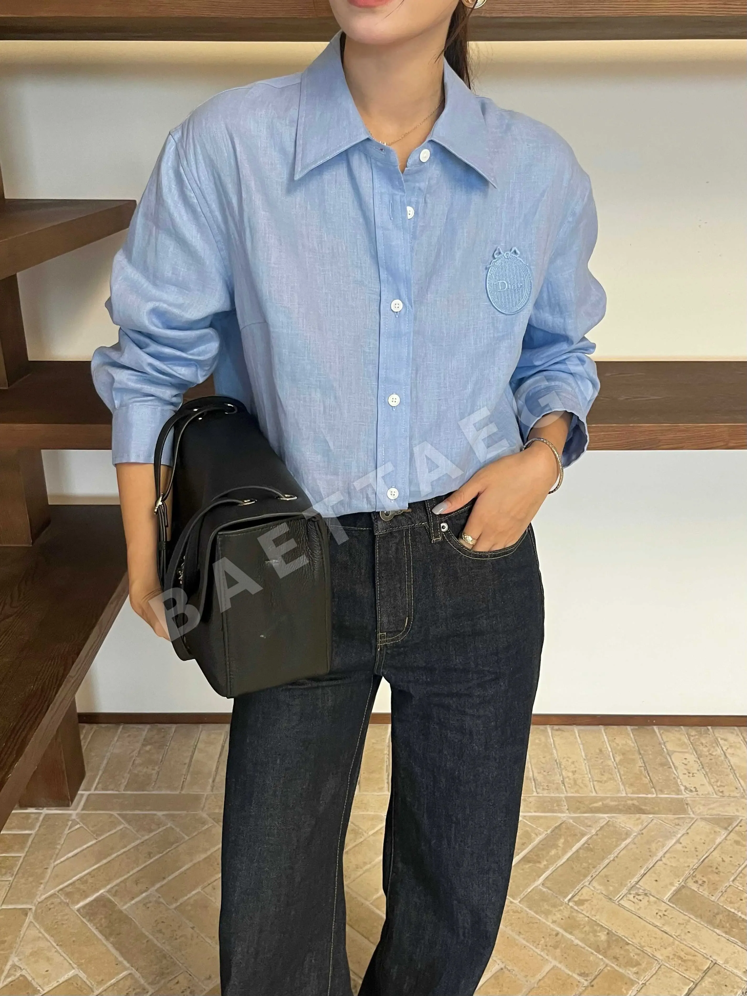 디올 자수 링 배지 린넨 셔츠 163819