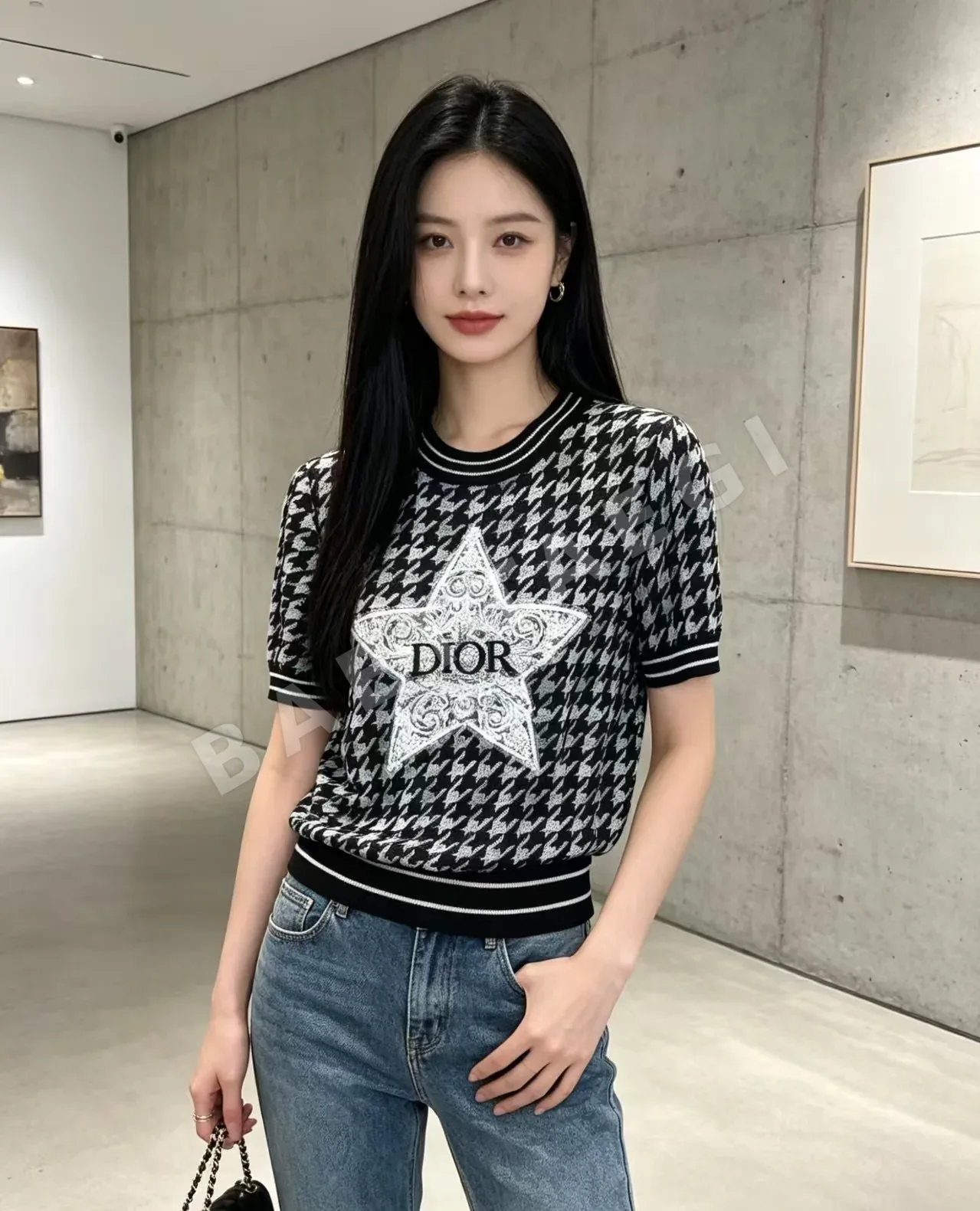 디올 치도리 격자 별 자수 니트 반팔 티셔츠 126446
