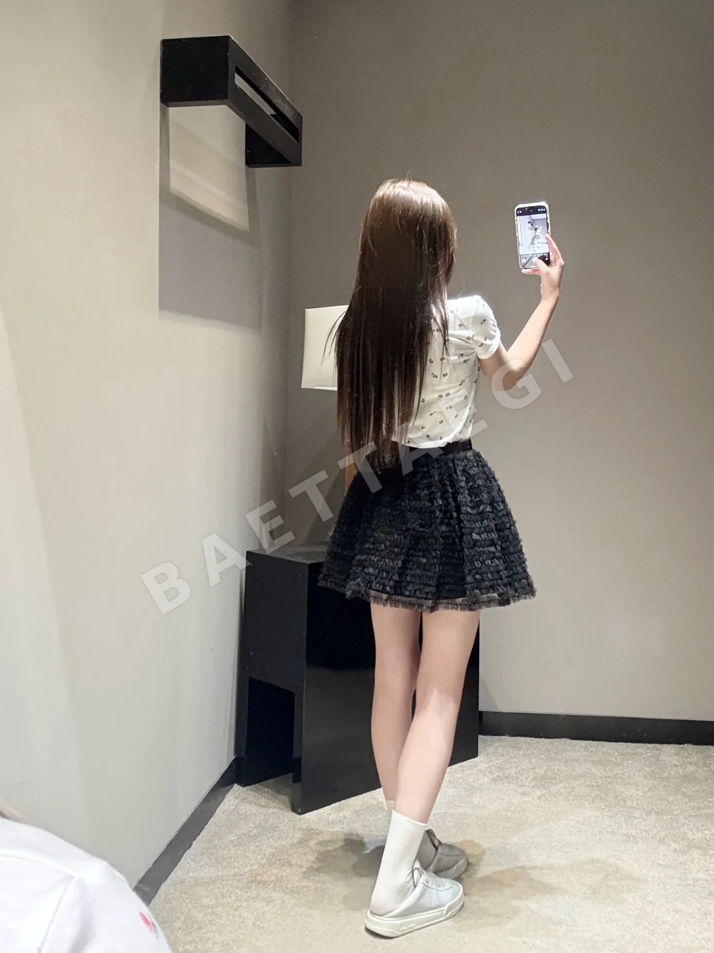 미우미우 블랙 레이어드 메시 A라인 스커트 상세 이미지 7
