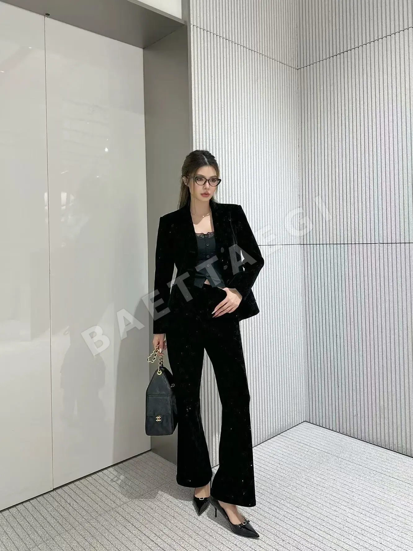 구찌 더블 G 라인스톤 벨벳 재킷 세트 91764