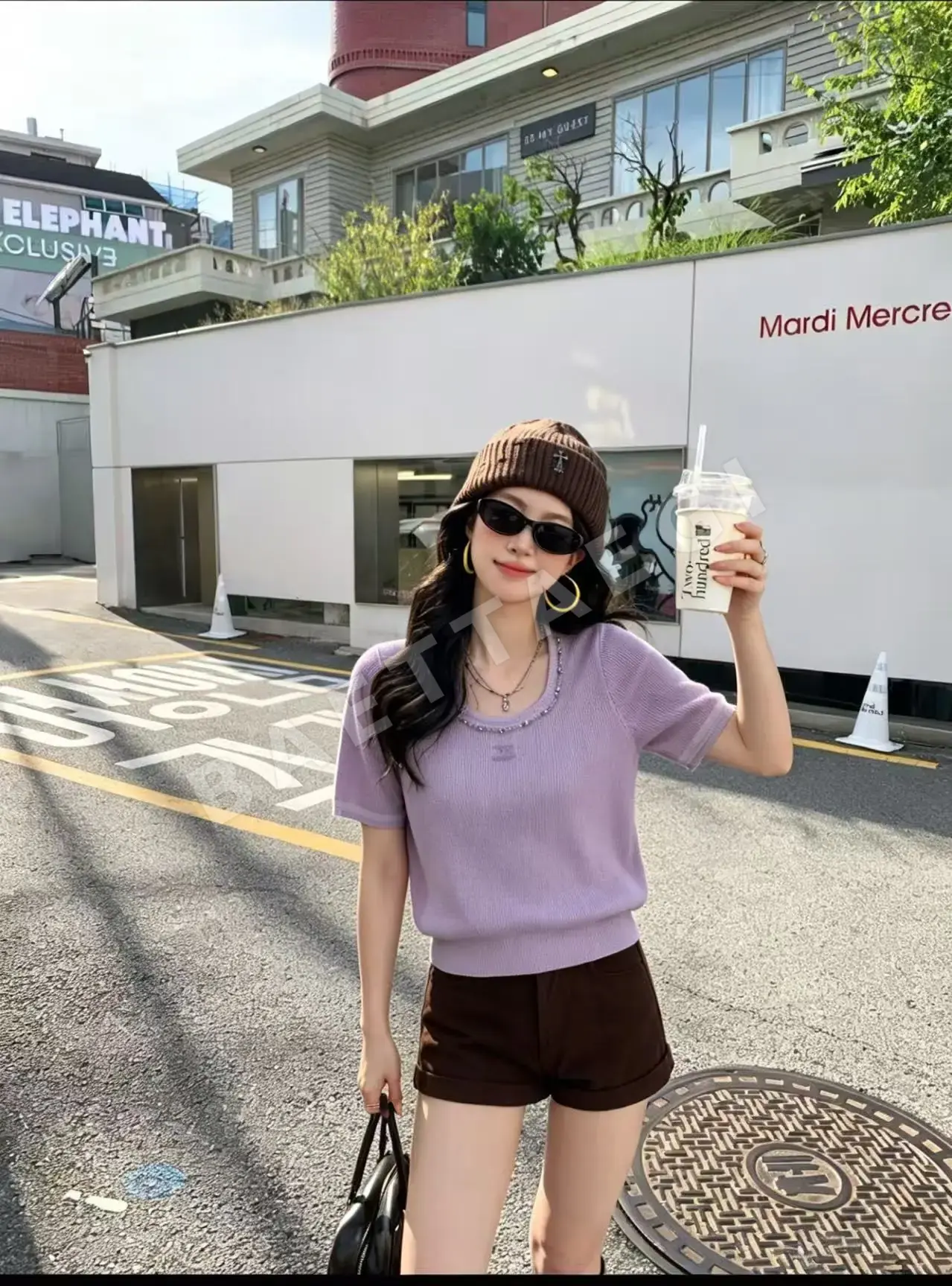 샤넬 U넥 라인스톤 장식 니트 반팔 탑 상세 이미지 1